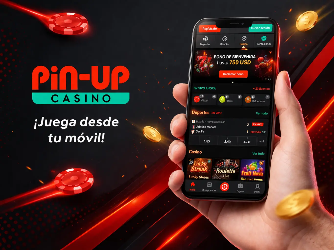 Mano con teléfono y app de Pin-Up